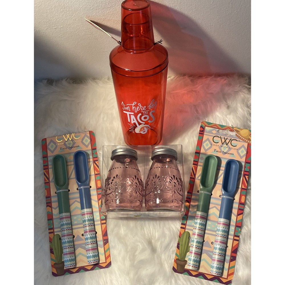 Fun Cute Lot-4 New Taco Spoons, Cocktail Shaker & 2 Colored Glass Season Shakers